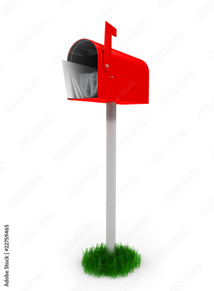 A standard red mailbox with mail and flag isolated over white