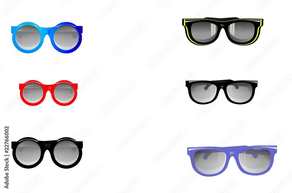 Group of UV protecting sunglasses in various colours. Group of UV protecting sunglasses in various colours.