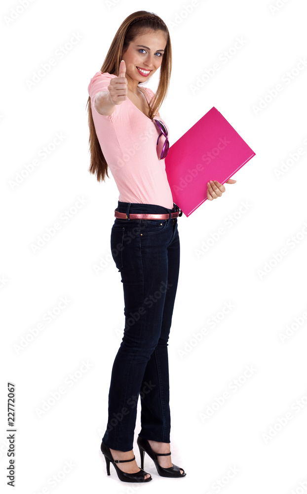 Full length of pretty female student showing thumbsup Full length of pretty female student showing thumbsup