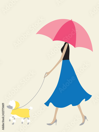 Umbrella Girl Walking the Dog