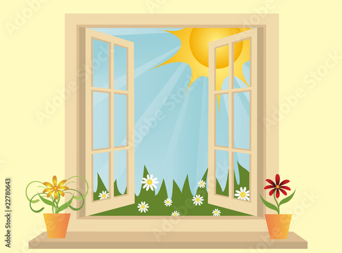 Opened plastic window in room with view to green field. vector