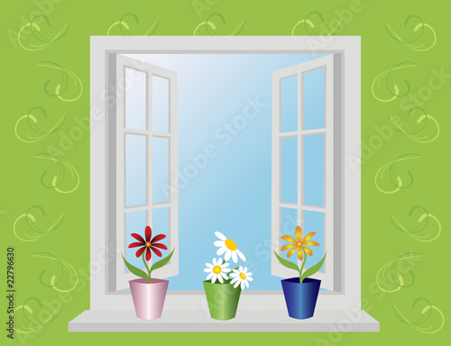 open window with flowers. Vector.