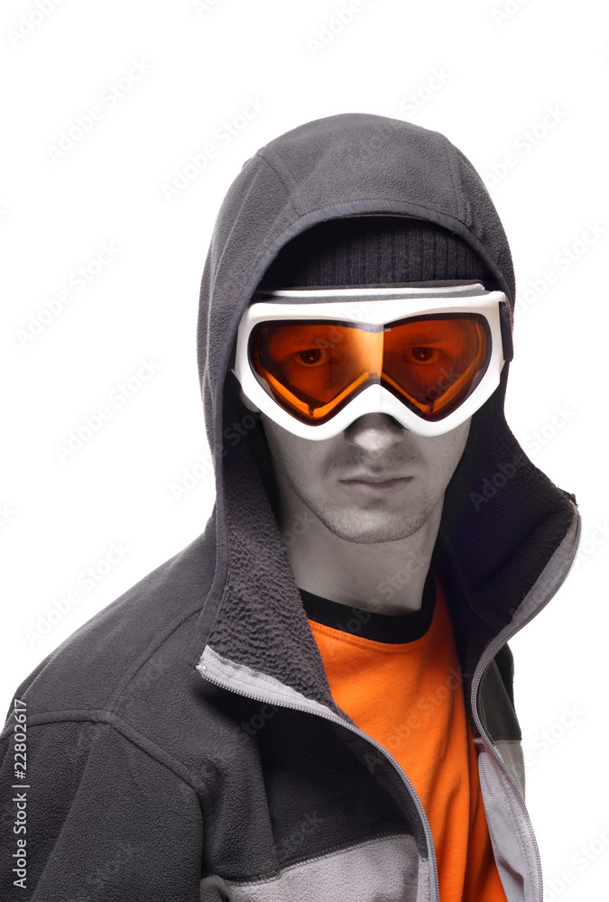 Portrait of snowboarder in orange glasses isolated on white Portrait of snowboarder in orange glasses isolated on white