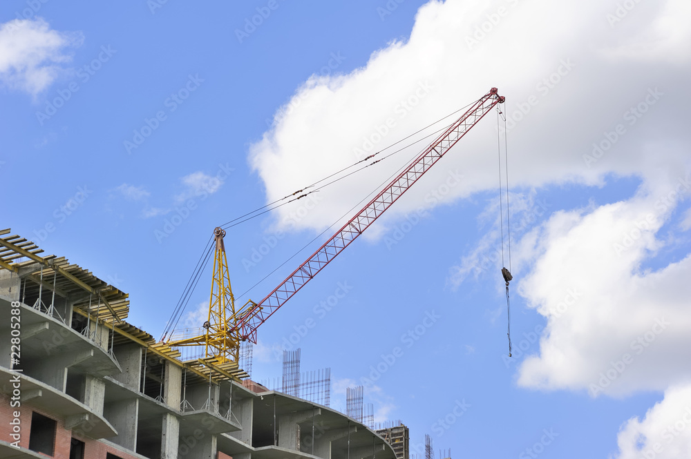 Building with elevating crane