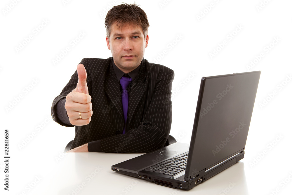 Businessman is pleased over white background Businessman is pleased over white background