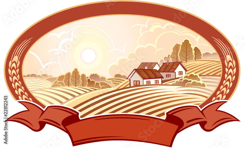 Rural landscape with houses. Monochrome.