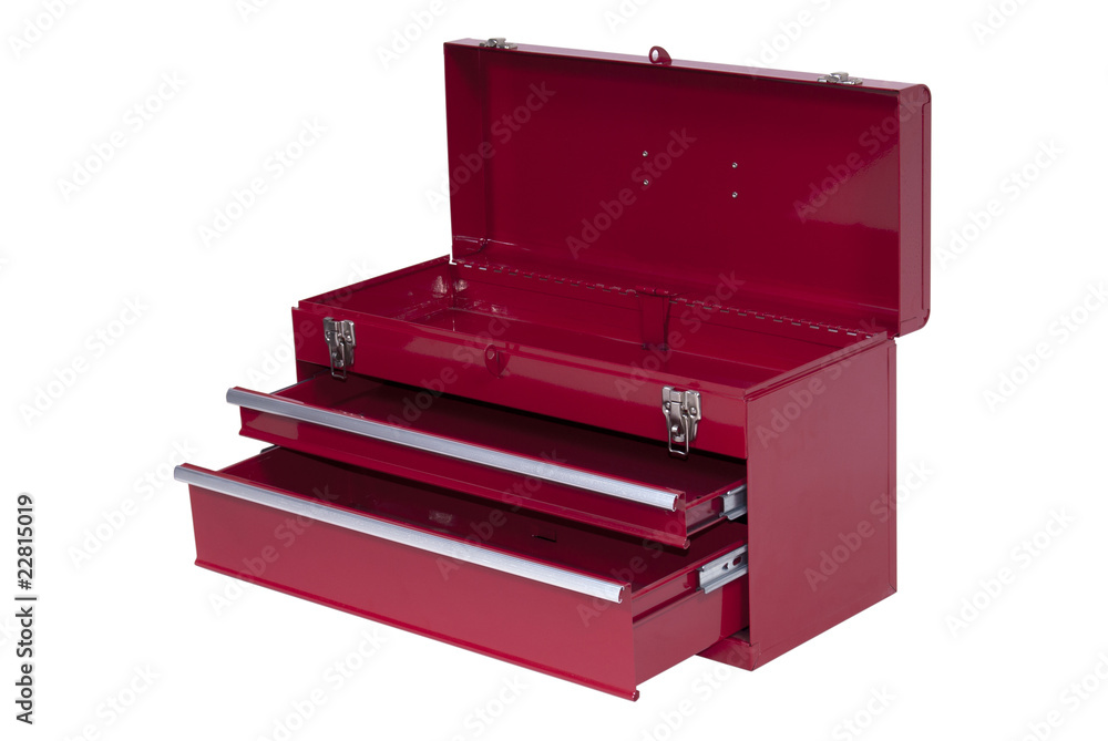 red metal tool box with three - obrazy, fototapety, plakaty 