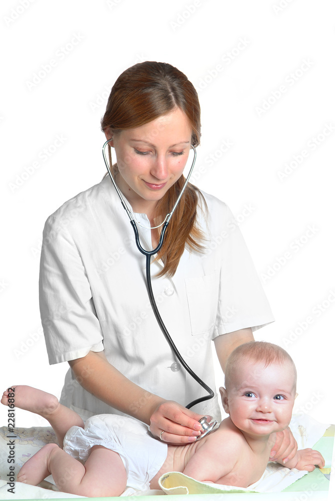 woman doctor exams baby with stethoscope woman doctor exams baby with stethoscope