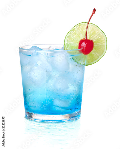 Blue alcohol cocktail with maraschino and lime