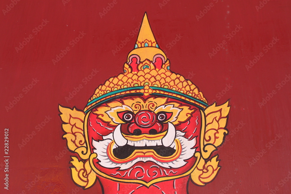 Fototapeta premium Painting on the door of joss house, Borabue, Mahasarakam