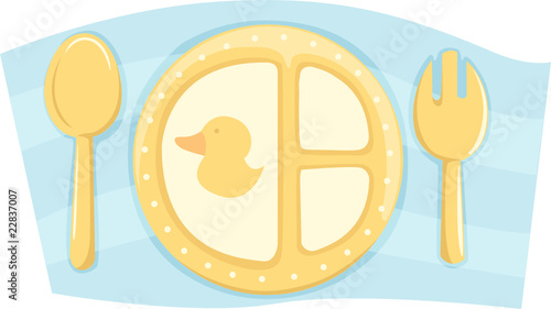 childs food plate with spoon and fork