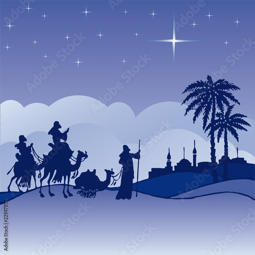 Classic three magi scene and shining star of Bethlehem.