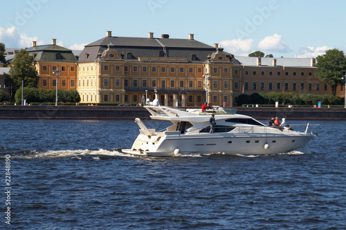 Motoryacht on the background of The Menshikov Palace