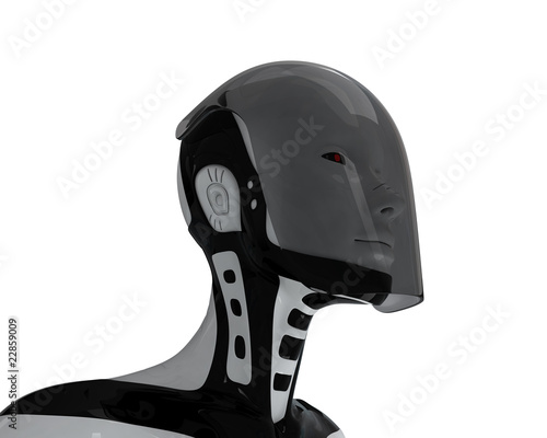 3d Robot head in helmet isolated on white