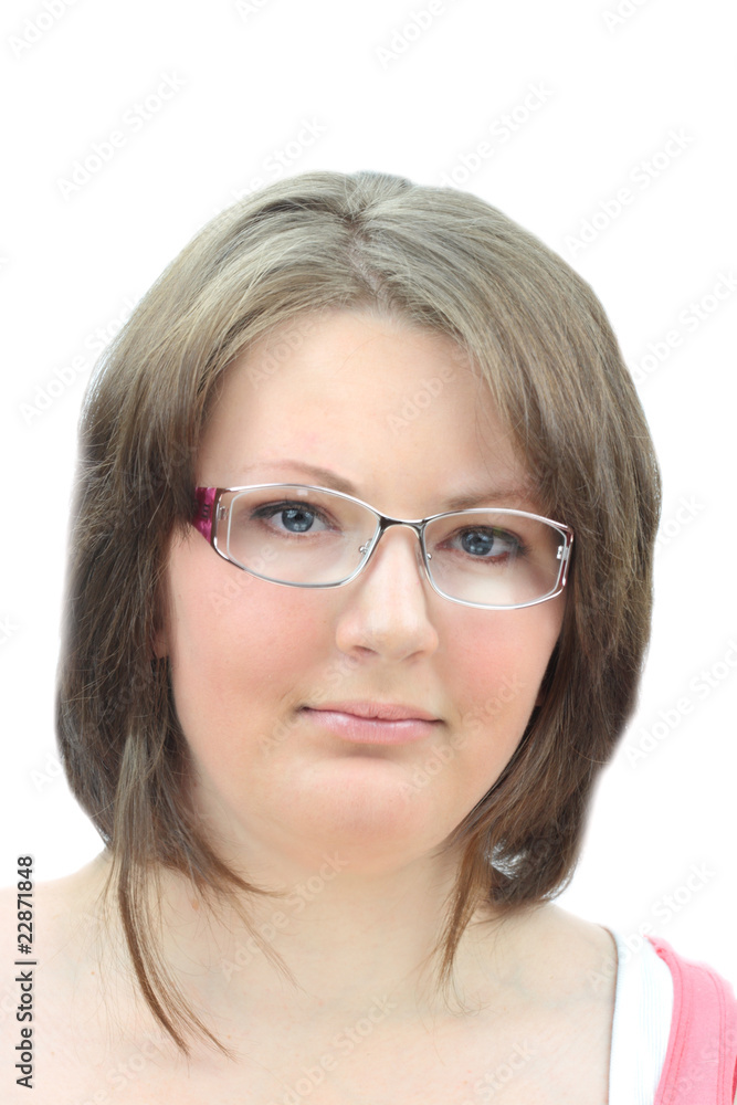 Portrait of a beautiful young woman with Turner Syndrome isolated on a white background.