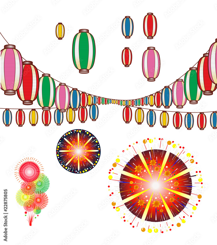 Naklejka premium 祭り＆花火の素材イラスト