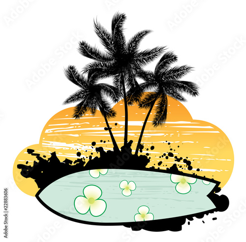Abstract with palm trees and surfboard