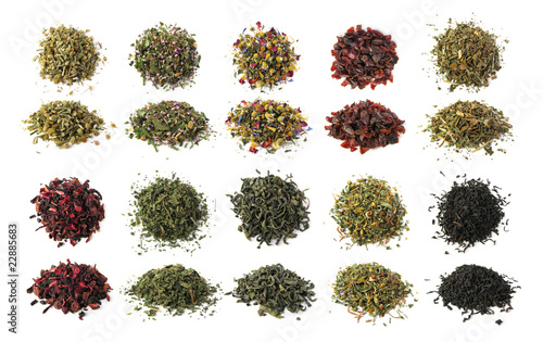 Black, green and herbal teas set isolated on white
