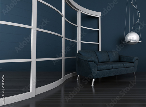 blue leather sofa is in a d...
