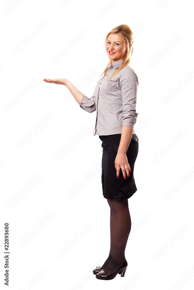 Young lady presenting product Young lady presenting product