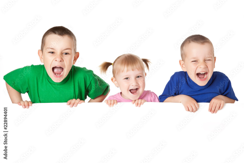 three child behind white board three child behind white board