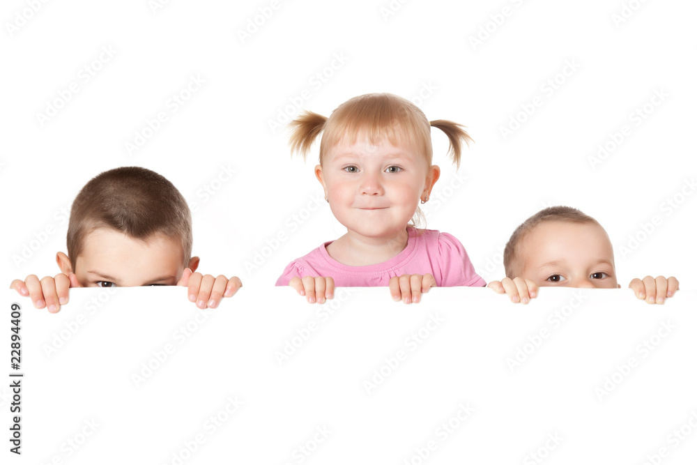 three child behind white board three child behind white board