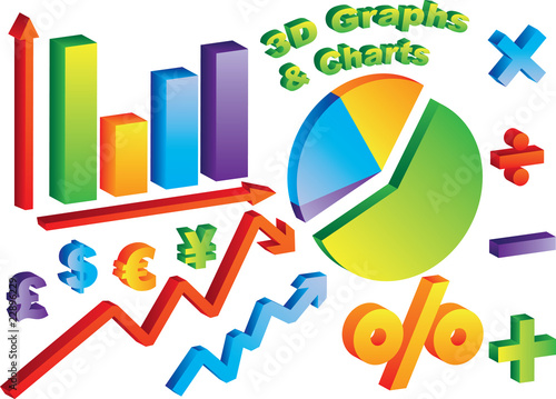3D Charts and Graphs with math and currency symbols