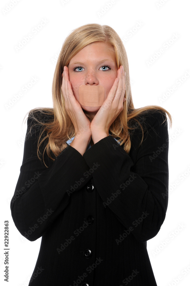 Businesswoman With Adhesive Bandage on Mouth Businesswoman With Adhesive Bandage on Mouth