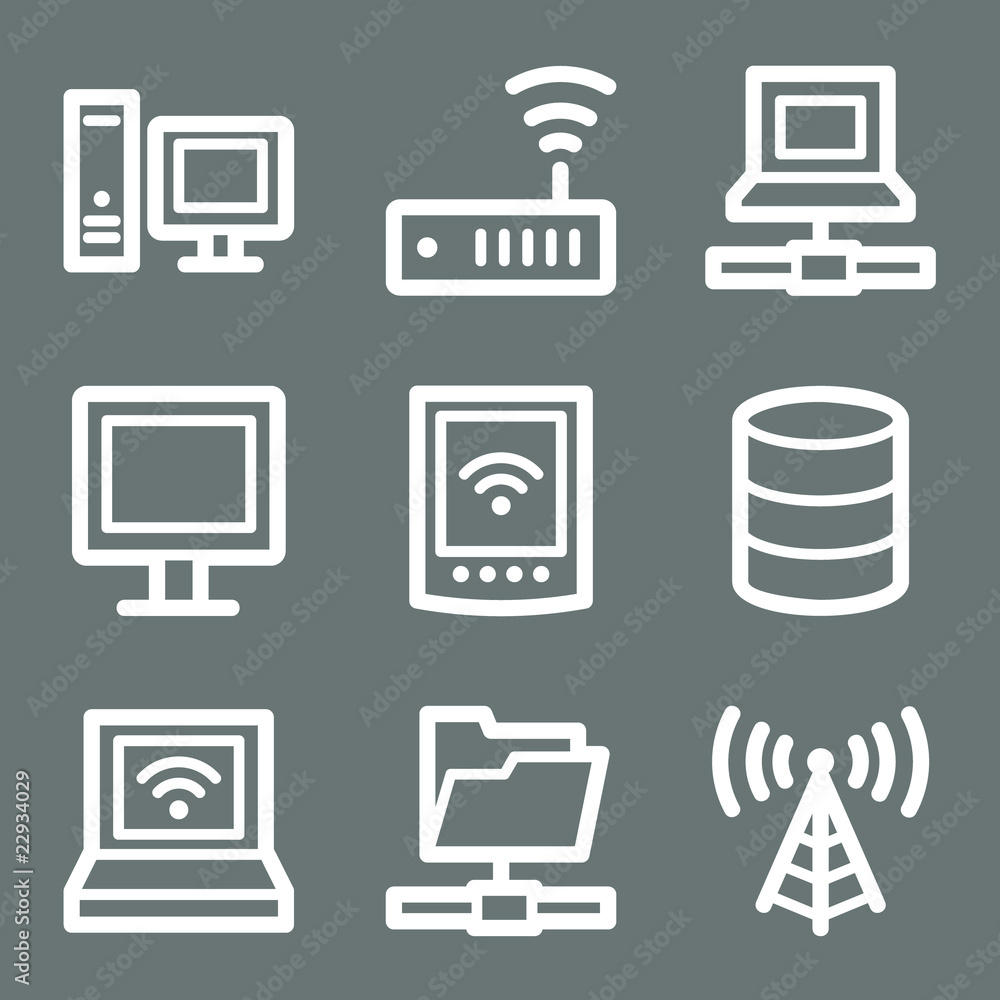 White contour network web icons on grey White contour network web icons on grey