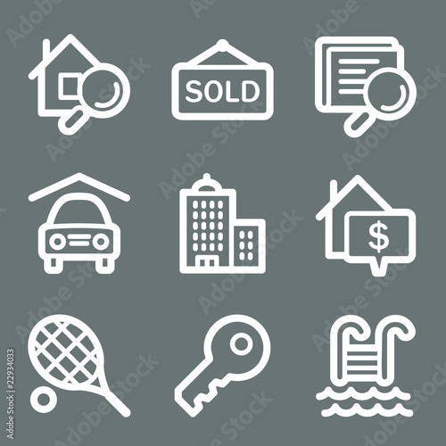 White contour real estate web icons on grey