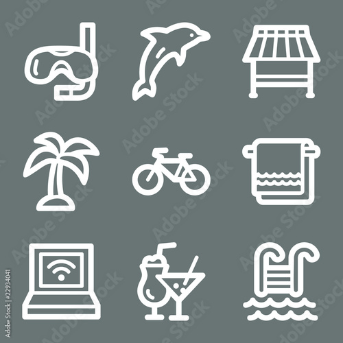 White contour vacation web icons on grey