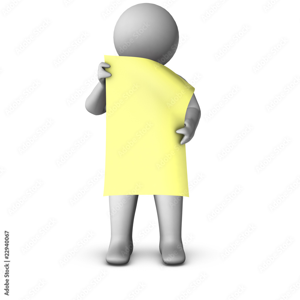 3d man with yellow blank peace of paper 3d man with yellow blank peace of paper