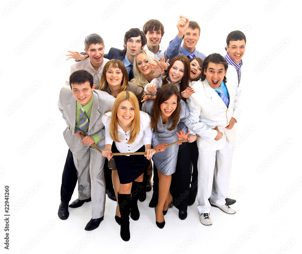 Young business people tied up together against white background