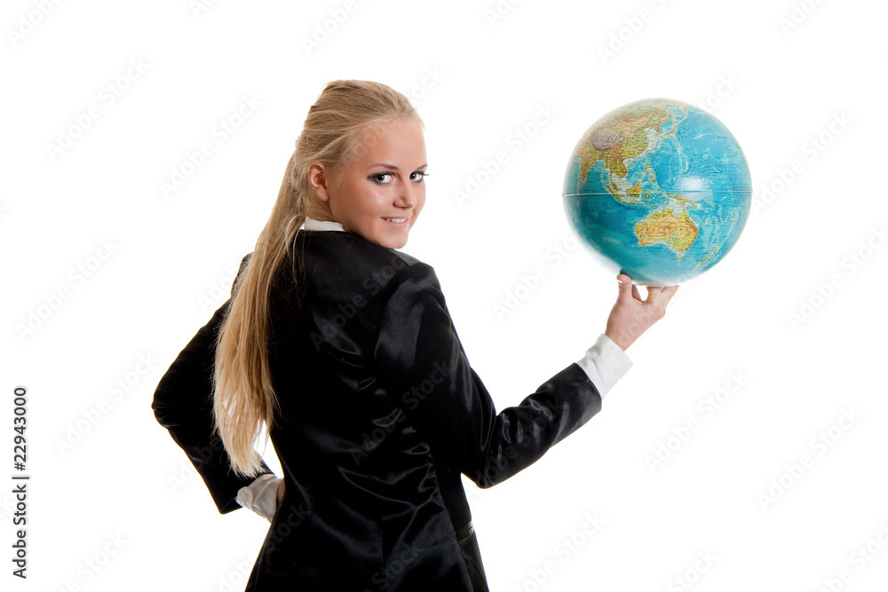 businesswoman holding globe in hand businesswoman holding globe in hand