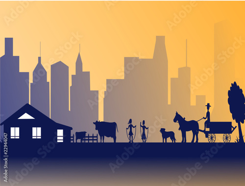 campaign, with city in background and sun