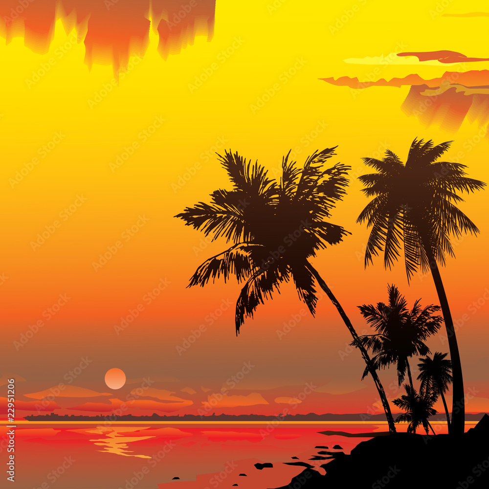 Silhouette of the jungle on the ocean background.