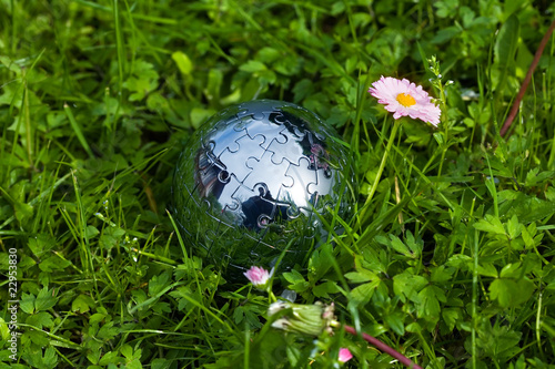 Globe on green grass photo