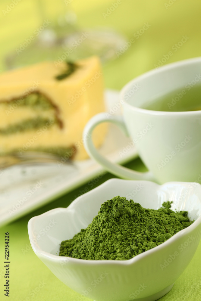 Japanese Matcha green tea powder, tea and cake Japanese Matcha green tea powder, tea and cake