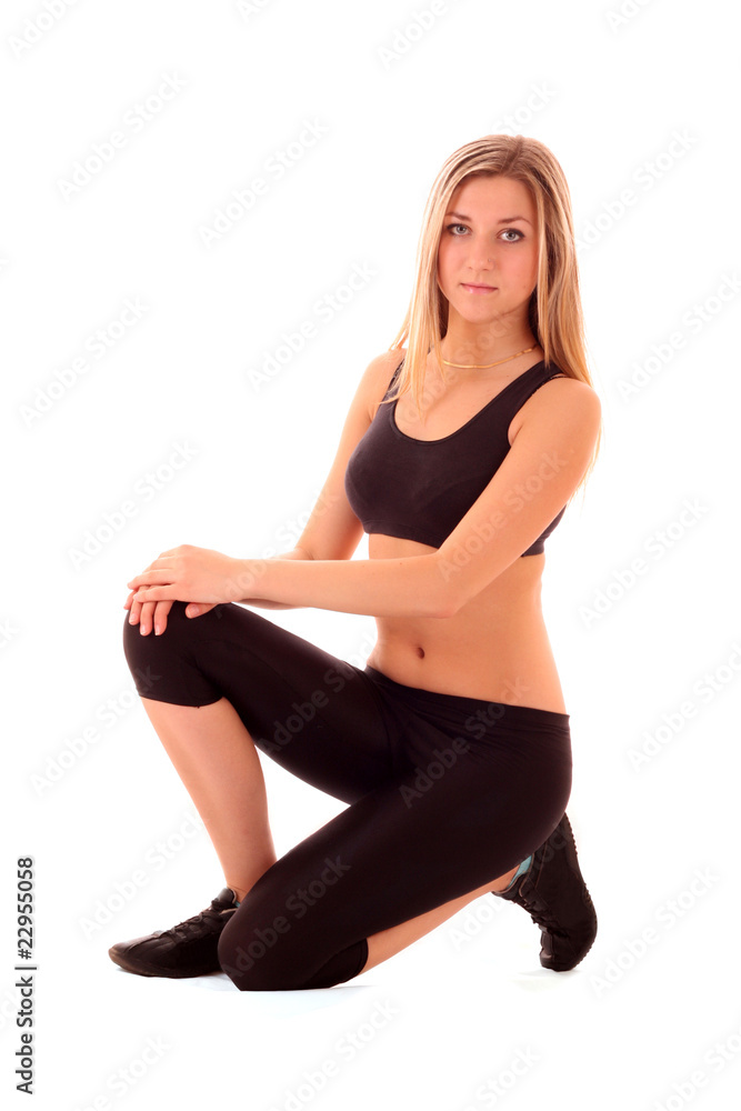 pretty young girl in the gymnastic pose isolated on white pretty young girl in the gymnastic pose isolated on white