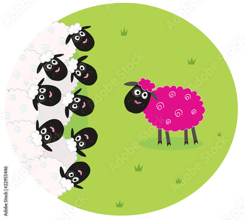 One pink sheep is lonely in the middle of white sheep family