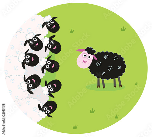 One black sheep is lonely in the middle of white sheep family