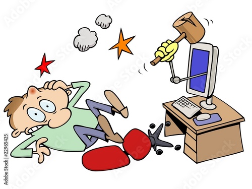 Cartoon character knocked out by his computer