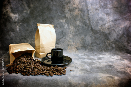 fine art coffee cup whole beans and bags