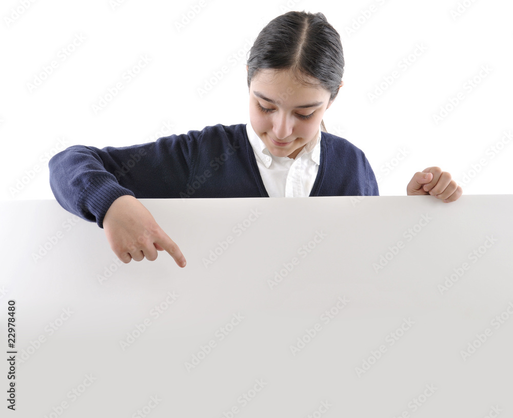 Beautiful girl holding empty board isolated on white Beautiful girl holding empty board isolated on white