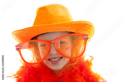 girl in orange outfit over white background photo