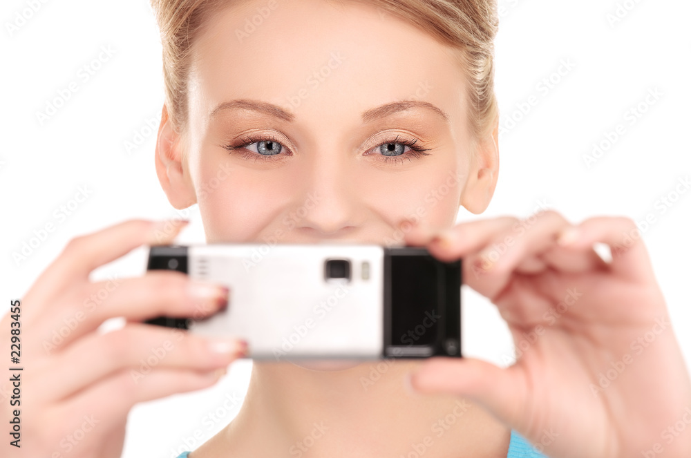 happy woman using phone camera happy woman using phone camera