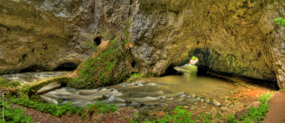 banner size Underground panorama of a river flow under natural and man made bridge in rakov skocjan Slovenia