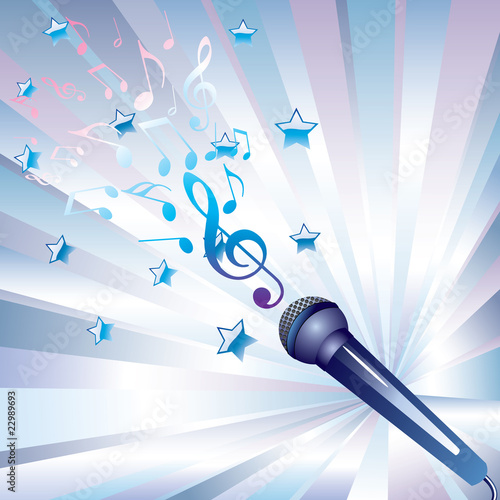 microphone and musical notes.