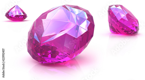 Ruby gemstones on white surface. 3D render.