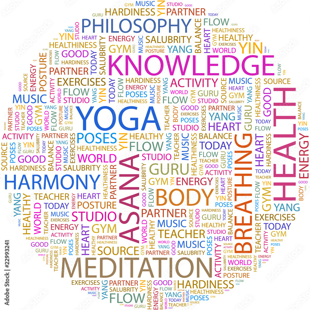 Word cloud concept illustration of yoga association terms.
